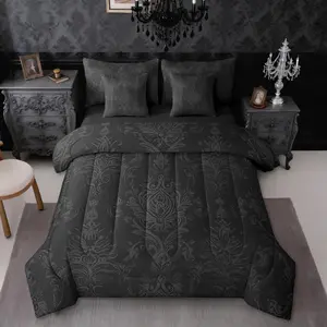 Adults Black Damask 7 Piece Bedding Set,Exotic Antique Victorian Comforter Bed Set,Bohemian Baroque Gothic Comforter,Bedroom Decor Vintage Floral Sheet