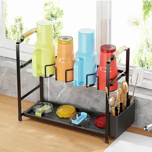 Water Bottle Organizer Rack Cup Holder with Drip Tray Multifunction Pantry Kitchen Organizer Holder, Double Layer Water Bottle Organizer Rack Carbon Steel Cup Storage Drying Rack With Tray for Kitchen Tabletop Cabinets