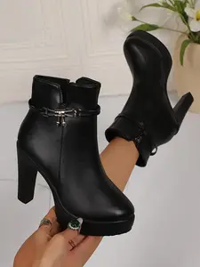 Women's Fashionable High-Heeled Mid-Calf Boots, Sexy & Casual Fall/winter Shoes, Round Toe Cone Heel, Side Zipper Design, Daily Wear, Casual Warm Boots