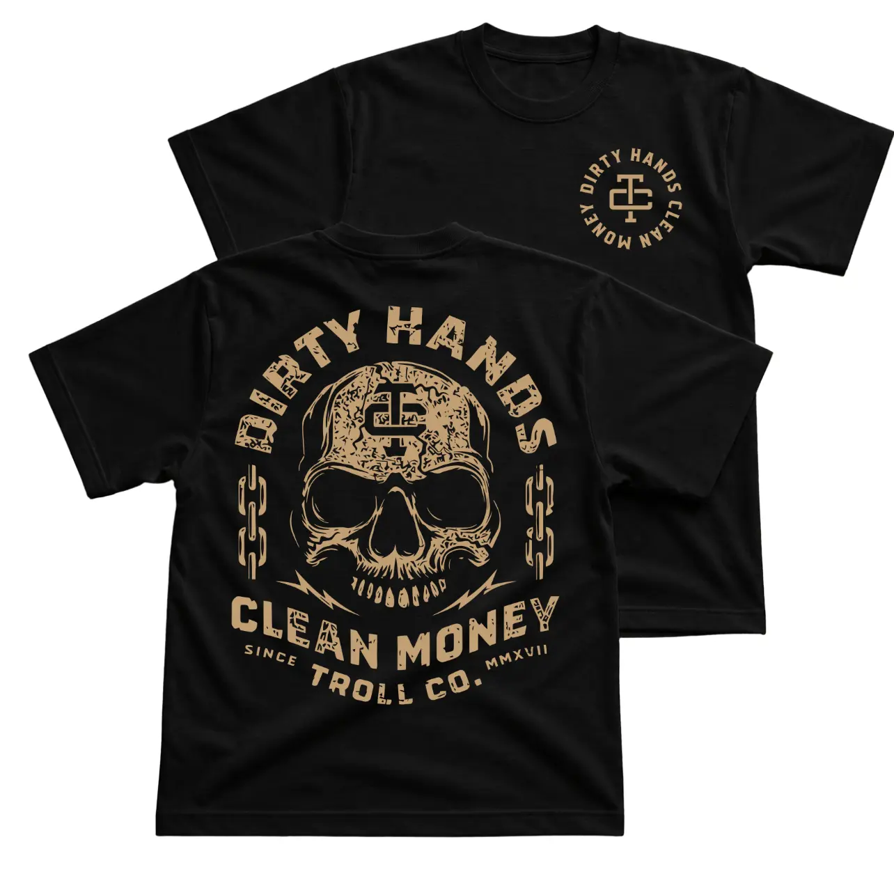 Troll Co Dirty Hands Clean Money Skull T-Shirt, Blue Collar Graphic Tee With Chain Back Print, Front Chest TC Logo Shirt, Tradesman Workwear Outfit, Garage Labor Apparel Gift for Men and Women