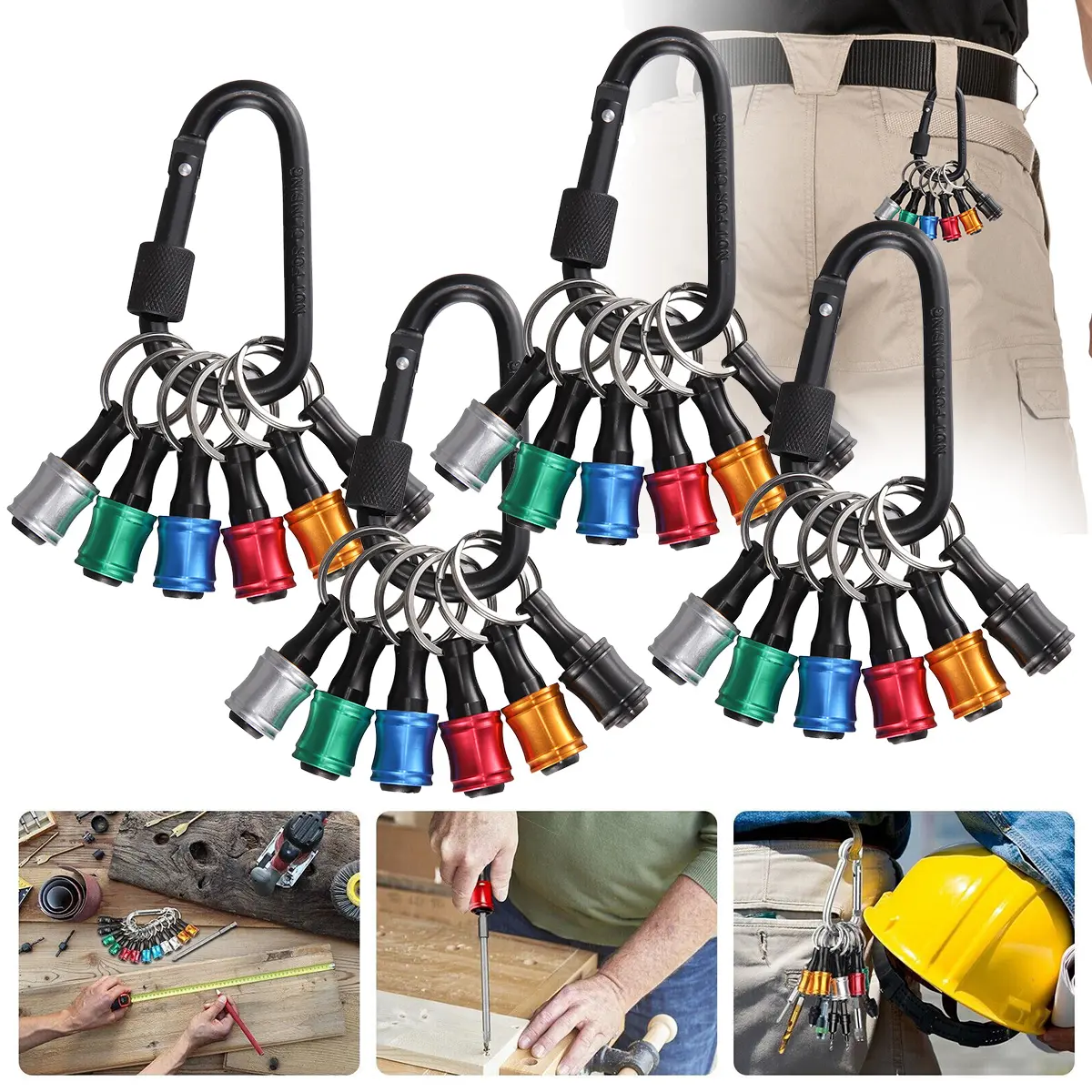 4-Set 1/4" Hex Shank Tool Holder Keychain Screwdriver Components, Portable Quick-Change Drill Adapter, Lightweight Universal Compatibility Hand Tool with Black Carabiner