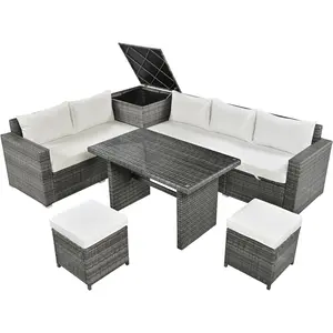 Outdoor 6-Piece All Weather PE Rattan Sofa Set, Garden Patio Wicker Sectional Furniture Set with Adjustable Seat, Storage Box, Removable Covers and Tempered Glass Top Table