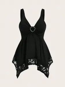 LALUZ Women Contrast Lace Decorated Heart Shaped And Floral Splicing Tank Top Y2K Crop Top Cami Aesthetic