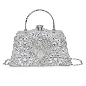 Peacock Pattern Crystal Clutch Bag with Shoulder Chain Strap