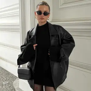 Vintage Style Suit Collar Loose Leather Jacket Autumn Winter Fashion New Women's Leather Coat