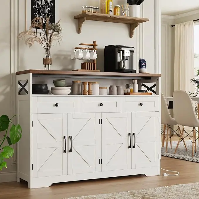 [tiktokshopbacktoschool] Vabches Farmhouse Buffet Cabinet - White Wooden Pantry with Multiple Drawers, Cupboard Hutch, Coffee Bar Station for Kitchen Organization, Spice Organization, Living Room