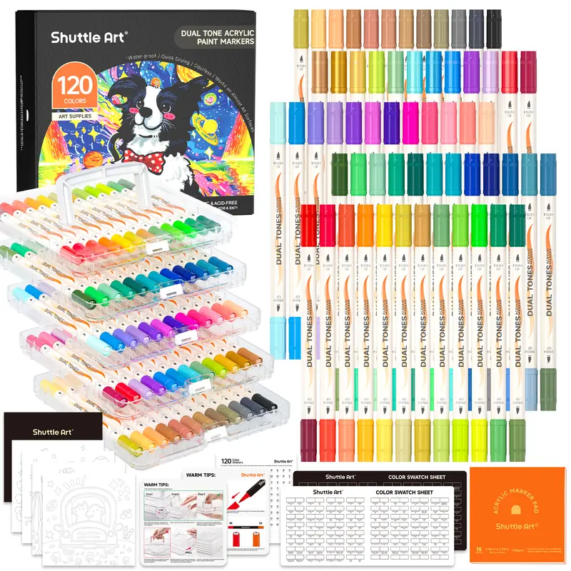 Shuttle Art 48/120 Colors Dual-Tone Acrylic Paint Markers, Acrylic Paint Pens for Rock Painting, Ceramic, Wood, Canvas, Glass, Stone, Fabric, Card Making, DIY & Art Supplies, Gift