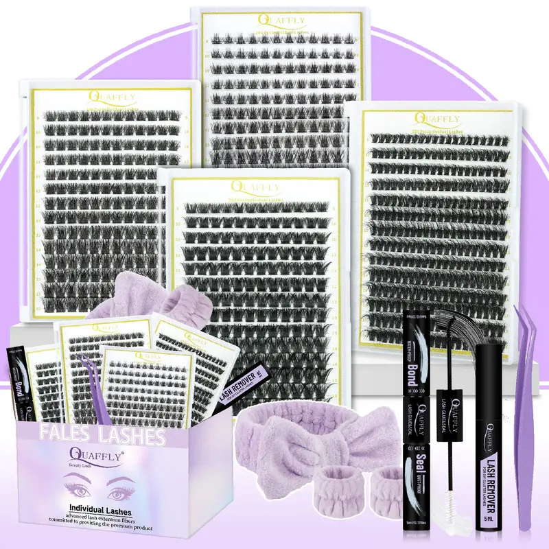 Eyelash Extension Kit, DIY Eyelash Extensions, 1 Box Individual False Lashes, False Eyelashes Extension, with Glue, Remover, Tweezers, Headband and Wristband, Eye Makeup Enhancement Tool for Women, Cosmetic, Eyelash Enhancing Set