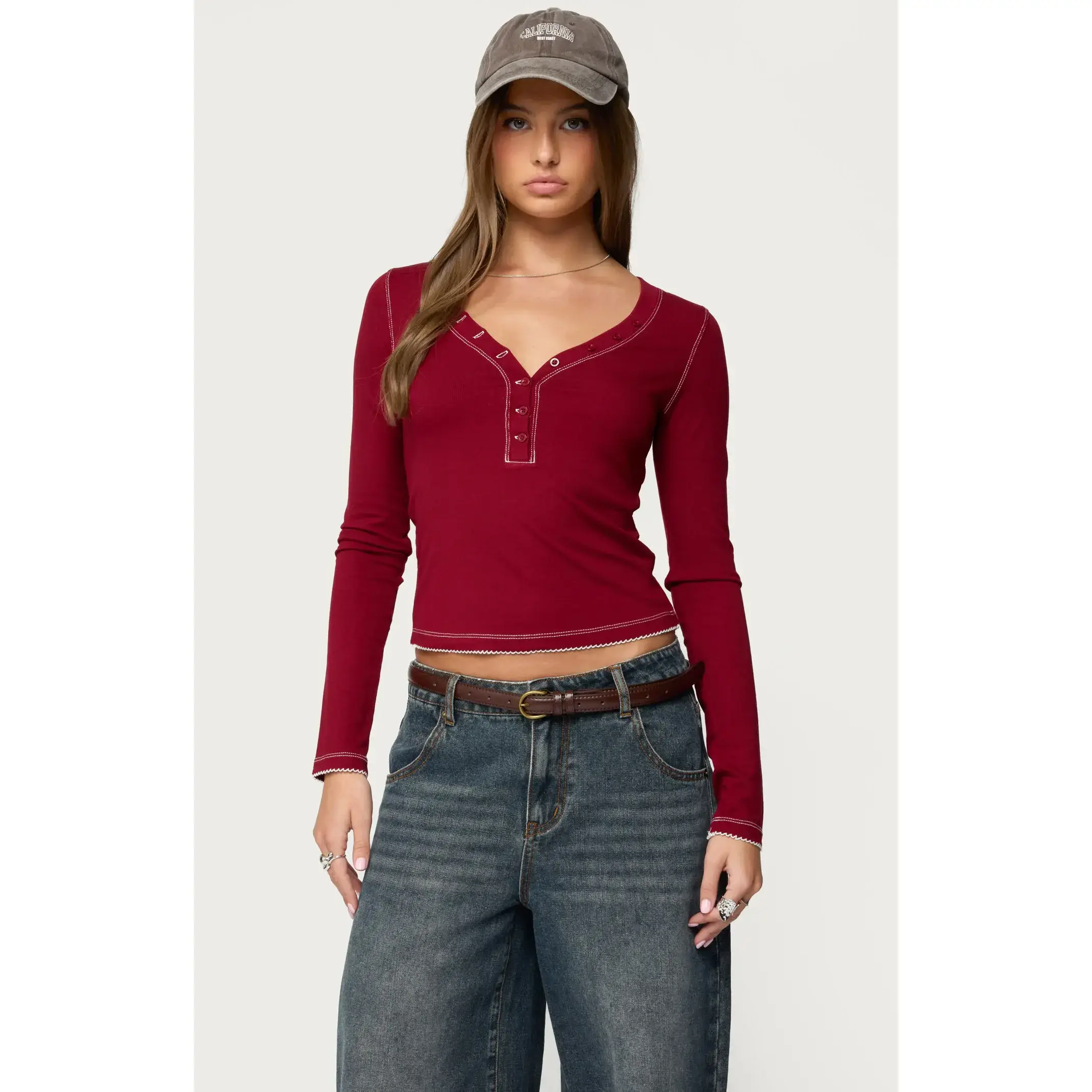 Edikted Women's Yael Contrast Stitch Henley Top