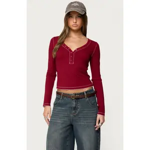 Edikted Women's Yael Contrast Stitch Henley Top