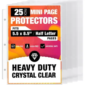 Half Letter 8.5x5.5'' Pack of 25 Heavy Duty Page Sleeve Protectors for Mini 3-Ring Binders, Top Loading  Clear & Archival Safe Refill Sheets, Acid-Free & Reinforced Holes