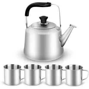 3.8 Quart Camping  Kettle Set with 4 Cups, Durable Stainless Steel Camp  Pot for Outdoor Hiking, Backpacking, Camping, Picnic and Indoor , Family & Kitchen Use