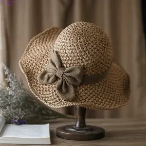 Straw Sun Hat for Women Bow Decor Wide Brim Crochet Beach Hat UV Protection Foldable Summer Hat Breathable Sun Cap for Vacation Pool Beach Travel Daily Wear