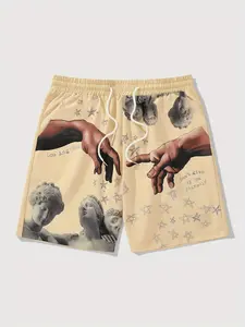 Renaissance Genesis Hand Print Shorts, Unisex Loose Fit Casual Sports Pants, Trendy Graffiti Five-Quarter Pants, Comfortable and Stylish