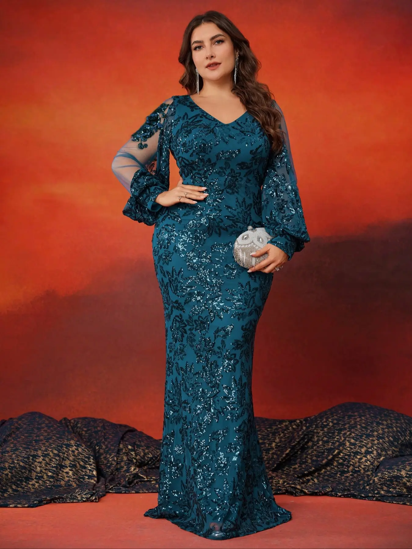 Women's Elegant Chic V Neck Sequin Ditsy Floral Long Sleeve Formal Wear Evening Dress, Formal Elegant Fashion, Slim Fit Mermaid Style Party Gown for All Seasons, Floral Pattern Dress