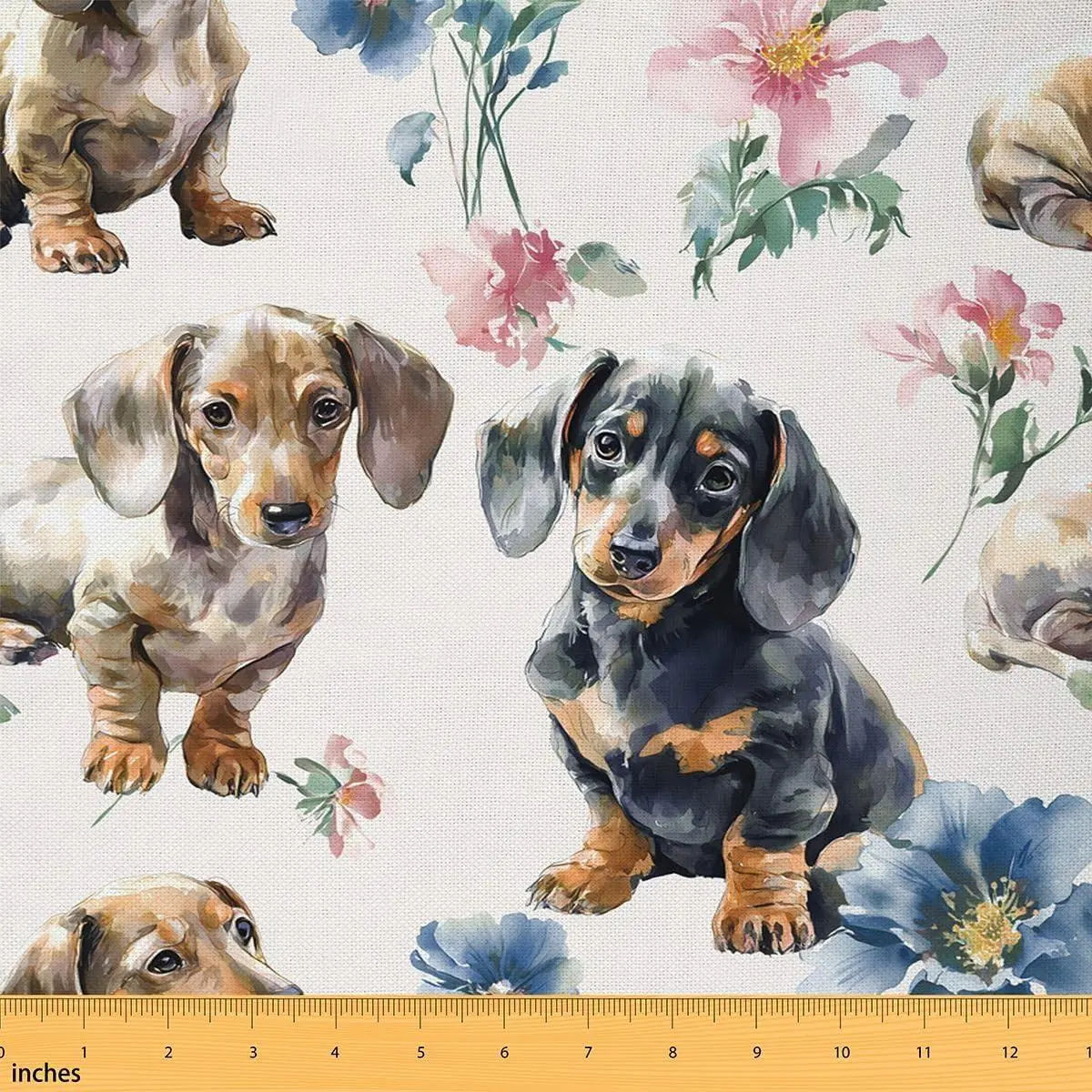 Kawaii Dachshund Fabric,Watercolor Flower Dog Soft Flannel Polyester Fabric,Cute Pet Puppy No Stretch Fabrics,Black Beige Crafts & Sewing Supplies DIY Fabrics,Pre-Cut