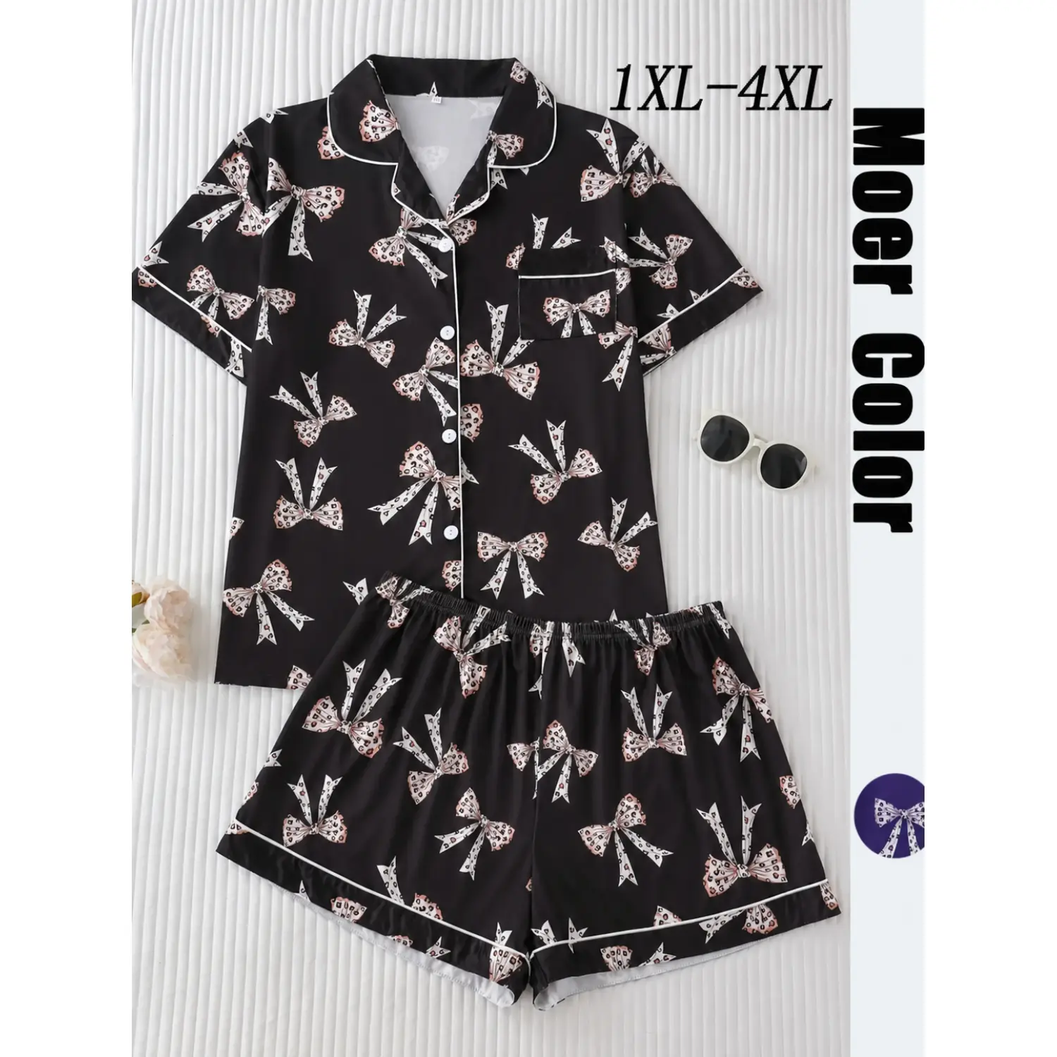 Plus Size Bow Print Short Sleeve Pajama Set - Casual Comfy Button Top & Shorts Sleepwear, Women's Summer Loungewear, Leopard Print Pyjamas