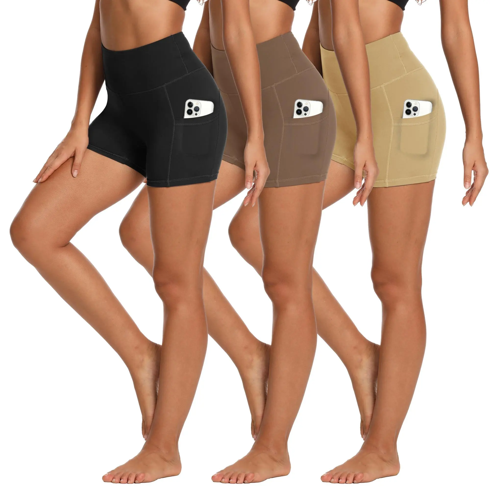 Showitty Women's 3-Pack 5" High Waisted Biker Shorts with Pockets - Elastic Waist, Breathable Athletic Bottoms, Plus Size Athleisure Shorts for Gym, Yoga, Elastic Waist Shorts