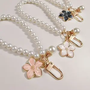 3pcs Phone Lanyard Set Pink White & Black Short Wrist Strap for Phones and Bags with Floral Charms