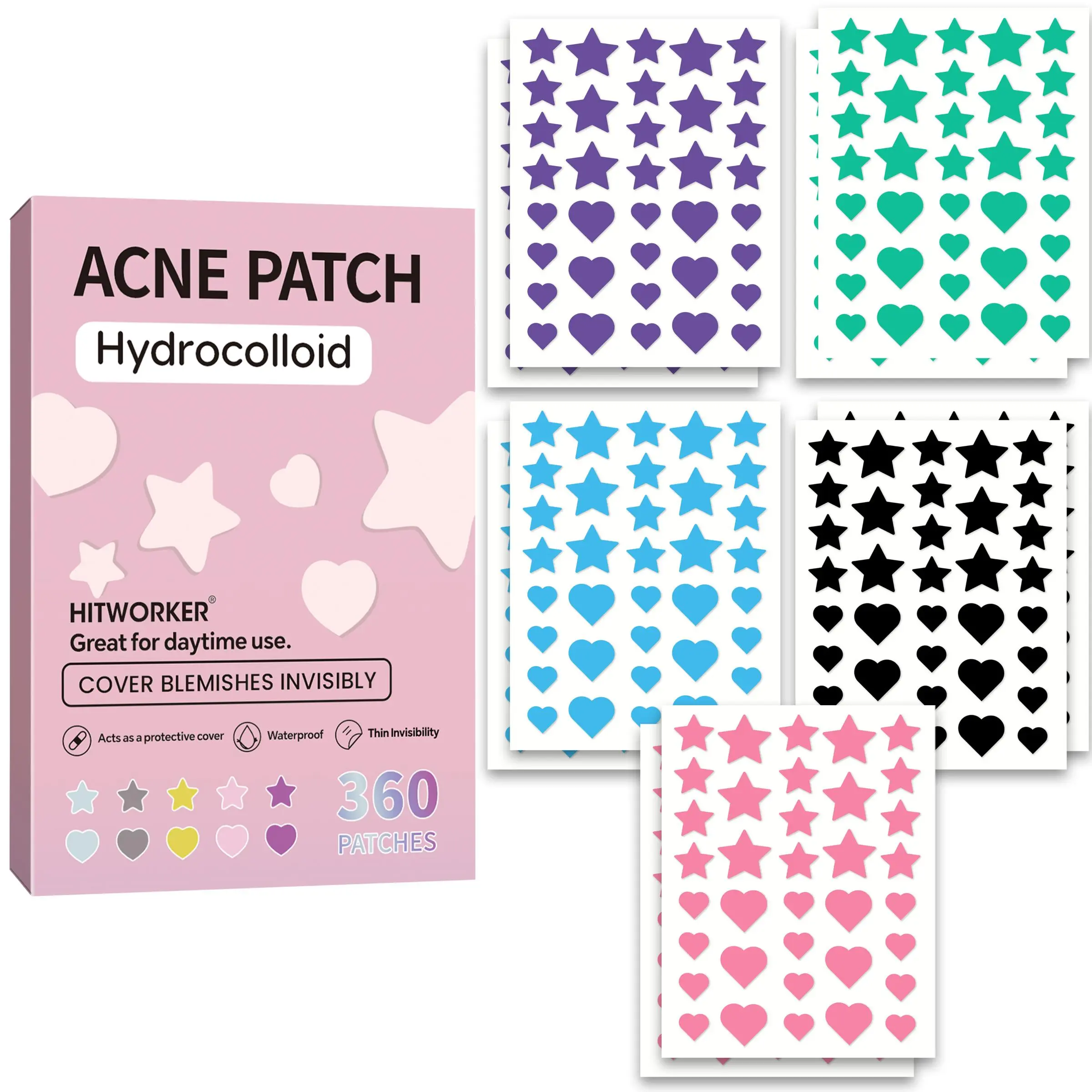 360 Stars Heart Hydrogel Acne Stickers, Facial Skin Care Blemish Relief Care Pimple Patch, Hydrocolloid Acne Patch, Blemish Patches, Deep Cleaning Non-Toxic Alcohol-Free Acne Treatment