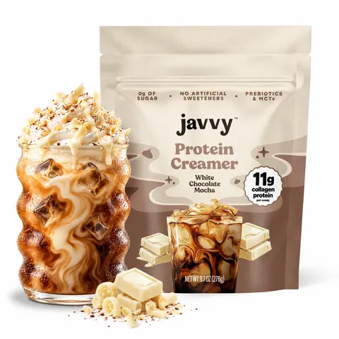 Javvy White Chocolate Mocha Protein Coffee Creamer - Grass Fed Pasture Raised Collagen - Hair, Skin & Nail Support, Energy-Boosting MCTs, Keto Friendly, Lactose Free & Gluten Free, No Added Sugar, 11g of Protein