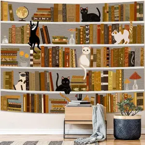 Cat Bookshelf Tapestry Black White Cute Cats Book Shelf Tapestries Wall Hanging Art Vintage Retro Academics Library Book Tapestry for Bedroom Living Room Dorm Decor Gift Curtain Print Decoration Posters