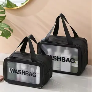 2 piece WASHBAG Large & Medium Double-Layer Waterproof Toiletry Bag Set with High Capacity Transparent PVC Design for Travel Organization