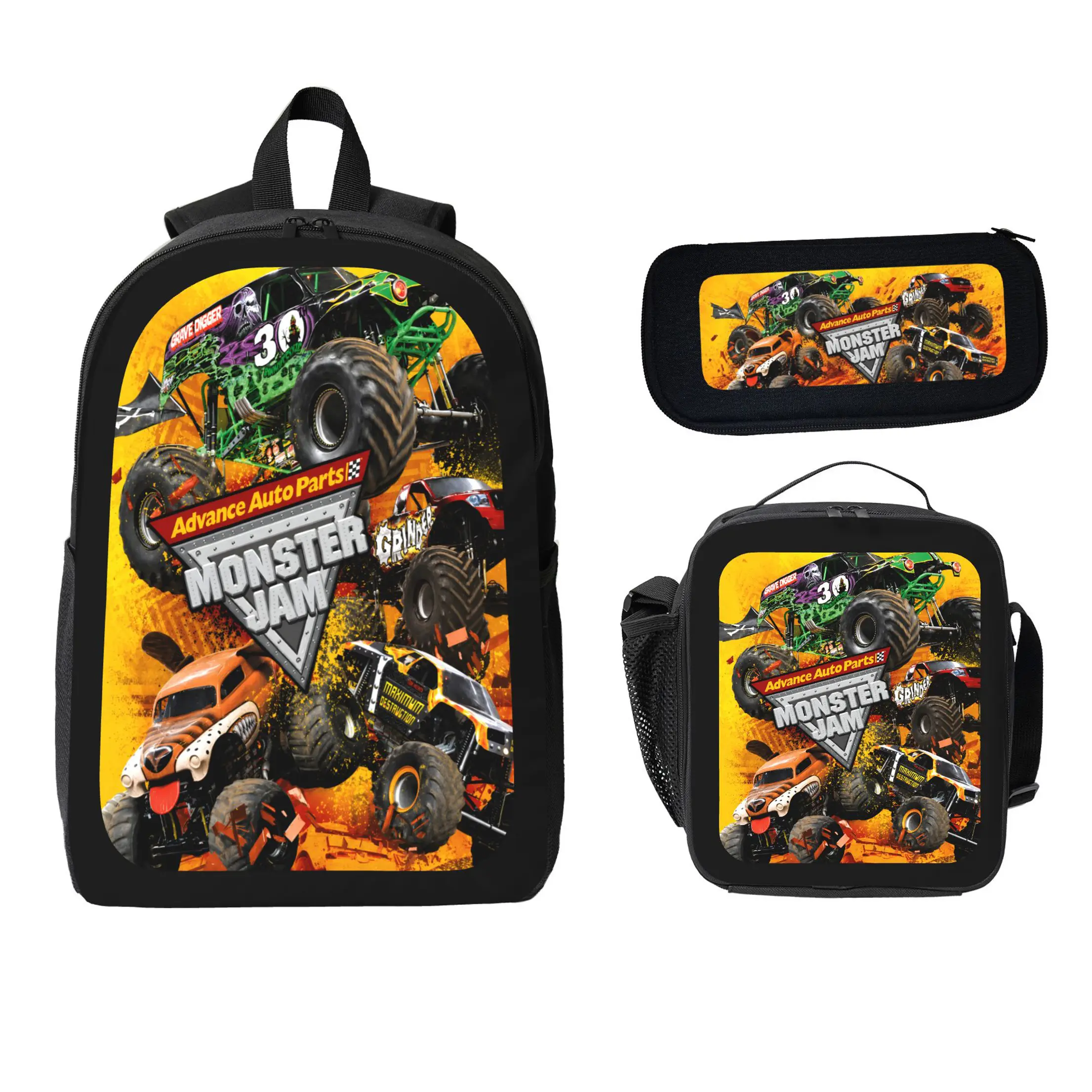 Kids' 3-Piece Cartoon Design Monster Truck Backpack Set - Polyester Casual Back to School Haul Organizer with Matching Lunch Bag, Pencil Case, Built-in Organizer, Large Capacity & Lightweight for Boys, Built-In Organizer Backpacks