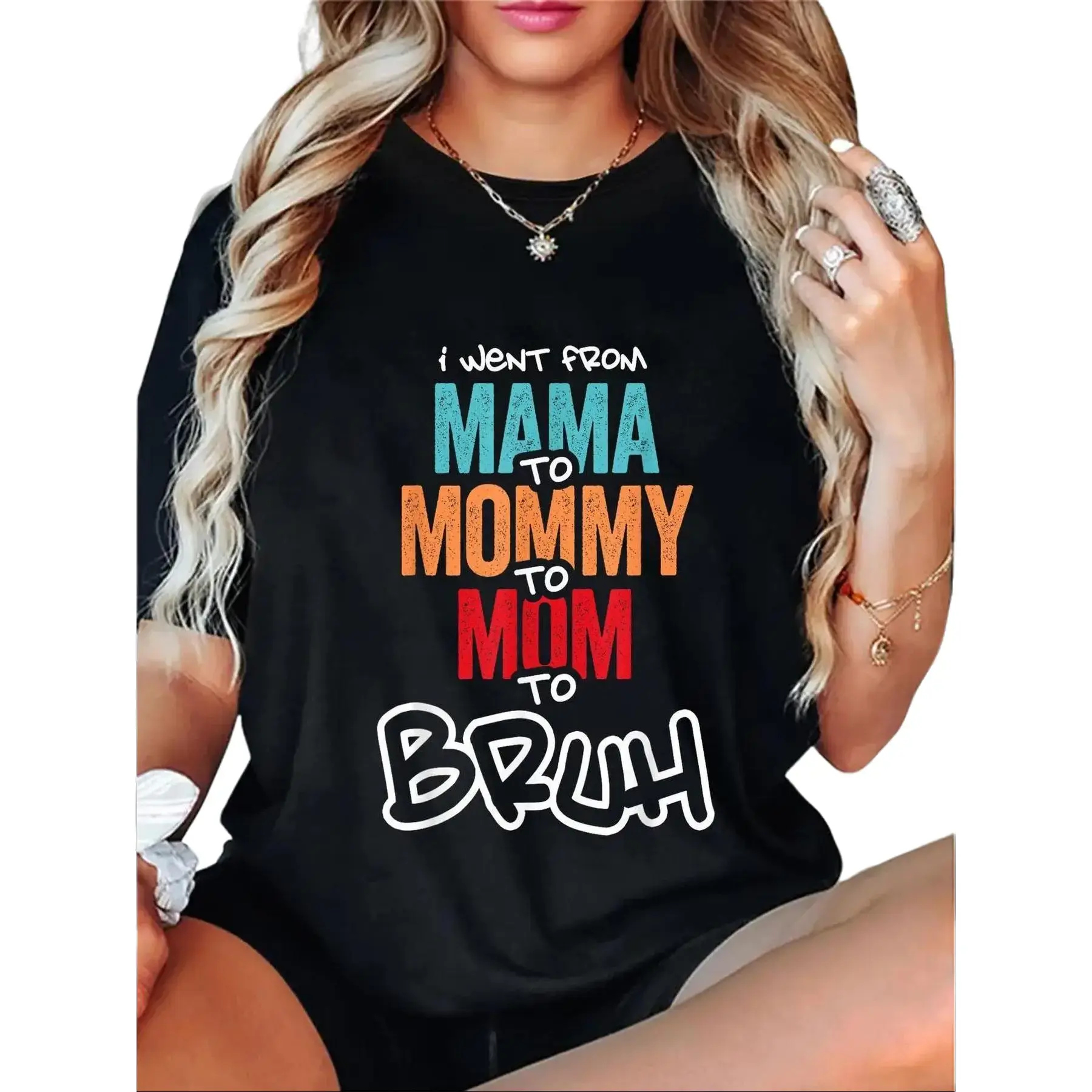 Women's "Mom to Bruh" Funny Graphic T-Shirt - Cotton Casual Short Sleeve Crew Neck Top, Digital Print,All Seasons, Machine Washable