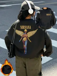 "Nirvana" rock imagery pattern with wings and anatomy interwoven with letters, casual retro long-sleeved pullover, round neck casual sports women's pullover sweatshirt, autumn and winter plus velvet women's clothing