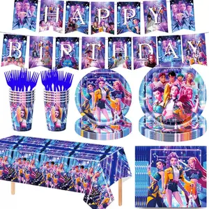 K-Pop Themed Birthday Party Supplies Set, Kpop Anime Girls Tablecloth, Plates, Cups, Banner, Cutlery, Cool Decor for Fans, Kids, Teens, Ideal Gift