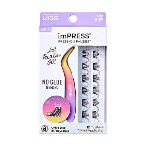 Impress Falsies Pre-Glued False Eyelashes Minipack - Edgy | 12 Lash Clusters, With Mini Applicator, 14mm-16mm