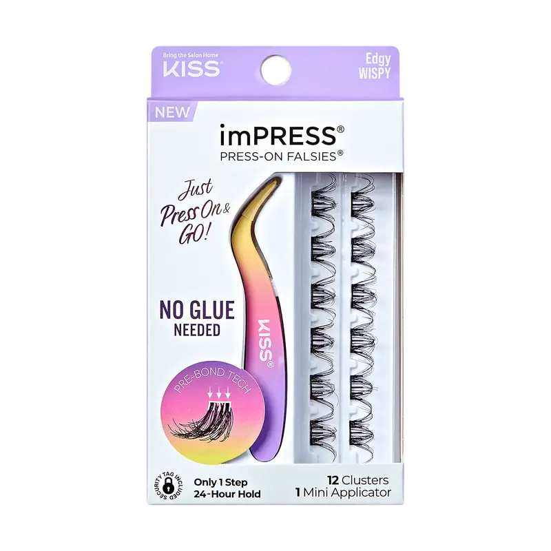 Impress Falsies Pre-Glued False Eyelashes Minipack - Edgy | 12 Lash Clusters, With Mini Applicator, 14mm-16mm
