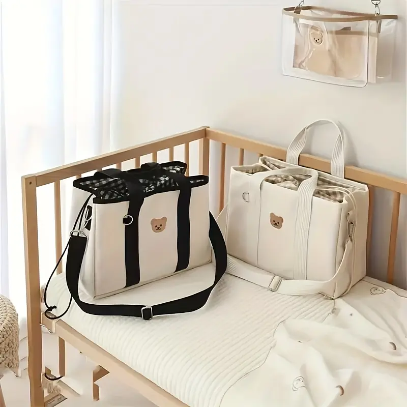 Unisex Cute Bear Animals-Themed Artificial Leather Baby Diaper Bag for 0-3 Years Parents, Lightweight Foldable Convertible with Crossbody-Handheld-Shoulder Strap, Spacious Multi-Compartment Storage White & Black Portable Toddler Gear
