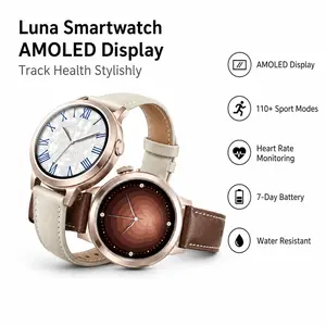 FANY Luna Women's Sports Tracking Smartwatch - AMOLED Display, 110+ Sport Modes, Heart Rate/Sleep/SpO2 Monitor, 7-Day Battery, Waterproof Fitness Smartwatch for Running, Leather Ultra-Sleek Lightweight Wearable with Free App