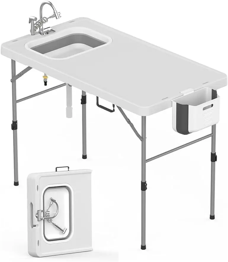 Folding Fish Cleaning Table with Sink & Hose Hookup, 50" Outdoor Camping Sink Table Portable for Fishing, Hunting, RV, Backyard, Made of Steel Frame & PE Basin, Easy to Clean and Store