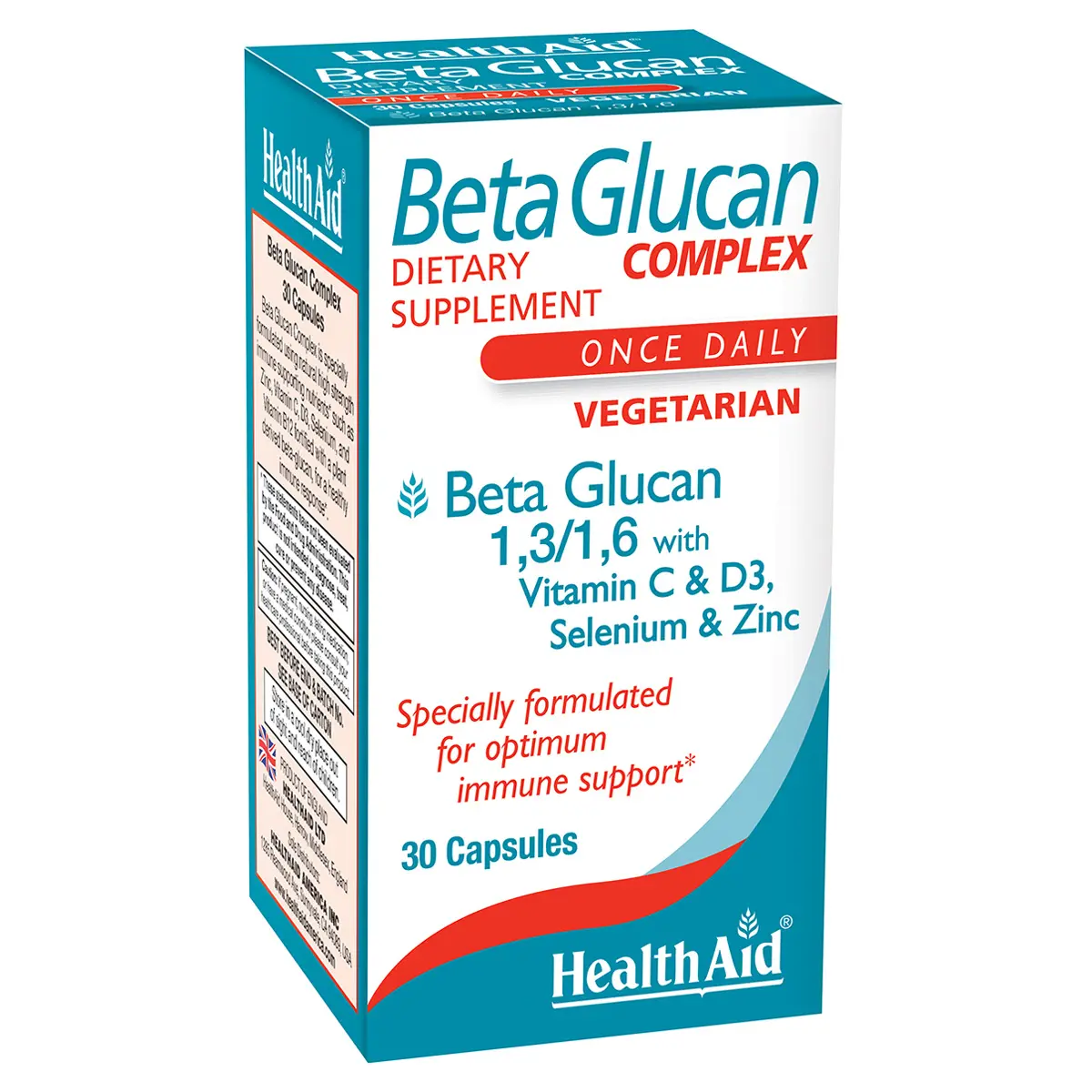 HealthAid Beta Glucan Complex Capsules 30 ct, Once Daily, Beta Glucan 1,3/1,6 with Vitamin C & D3, Selenium & Zinc, Specially Formulated for Optimum Immune Support, Vegetarian