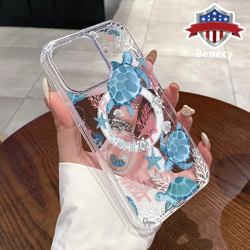 Magnetic Phone Case for iPhone 15 16 14 Pro Max 13 12 11 XR XS Plus E Cute Turtle Pattern Non-Yellowing Shockproof Soft Silicone Transparent Acrylic Large Hole Cover Supports Wireless Charging Protection Cellphone Casing