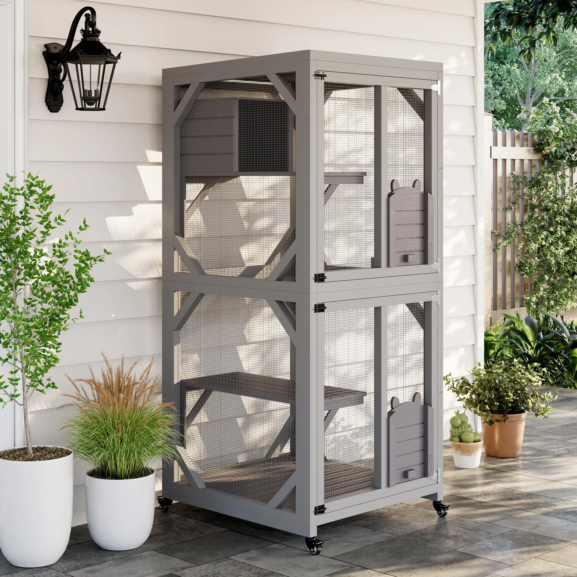 68" Catio Outdoor Cat Enclosure with Window, Waterproof Roof Cattery with Bridge and Scratching Post Outdoor Catio Enclosure,Grey