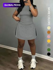 Women's Short Sleeve Casual Sporty Set, 2-Piece Women's Fashionable Daily Wear & Active Lifestyle Clothing, Stretchy Suit Set
