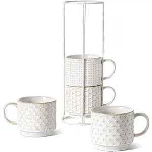 Stackable 12 oz Arctic White Ceramic Embossed Coffee Mug Set of 4 with Stand for Au Lait Cappuccino Latte Cafe Mocha Tea Ideal for Housewarming Wedding
