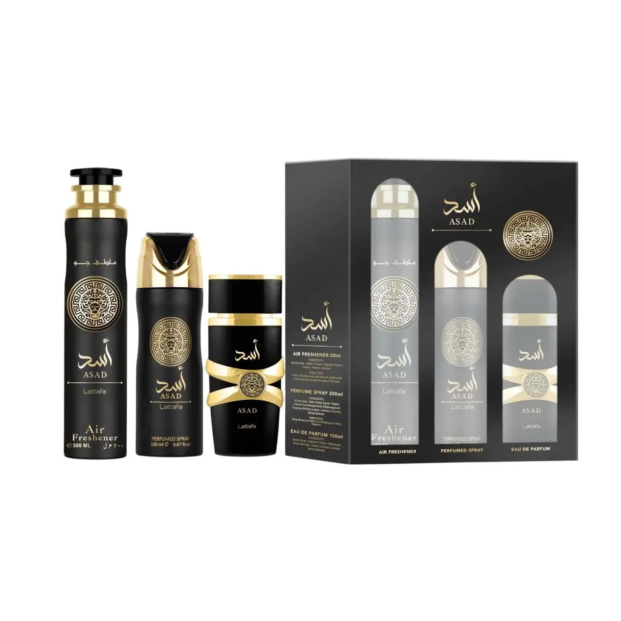 LATTAFA ASAD 3PCS GIFT SET (EDP 3.4FL.OZ | 100ML, DEO 6.7FL.OZ | 200ML, AIR FRESHENER 10.1FL.OZ | 300ML)