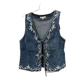 Denim Vest with Front Tie Strap and Embroidery for Women's Fashion Sleeveless Tops Womenswear