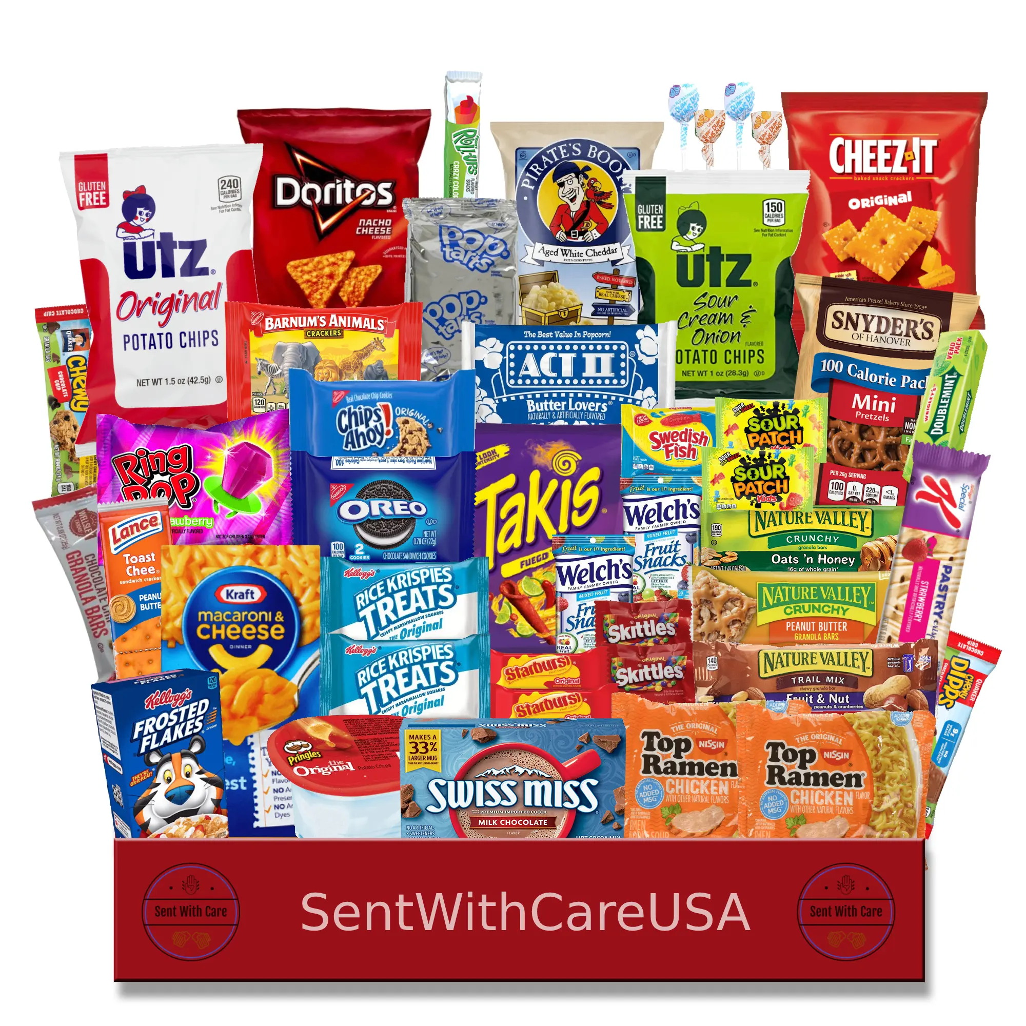 Large Snack Box Care Package – American Candy, Chips & Treats Gift Basket - College Care Package Snack Basket - SentWithCareUSA