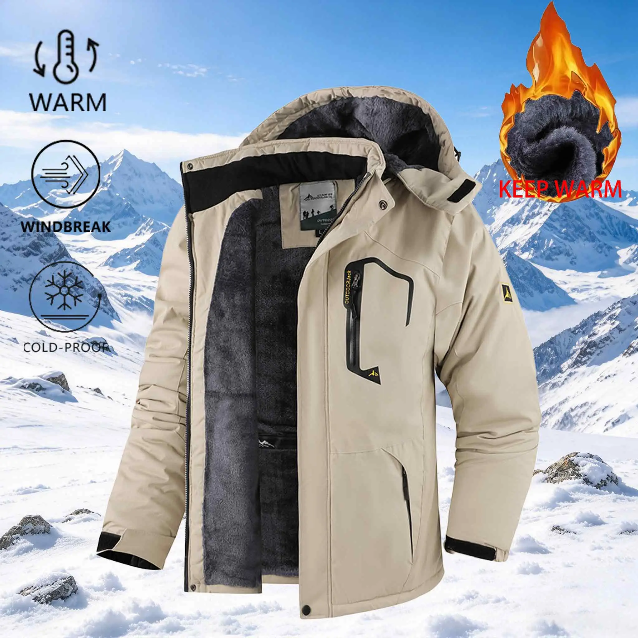 Men’s fleece-lined, thickened outdoor hardshell jacket for autumn/winter, hooded, windproof and waterproof, available in multiple colors, long plush lining for warmth, multi-pocket design, mountaineering/skiing workwear jacket