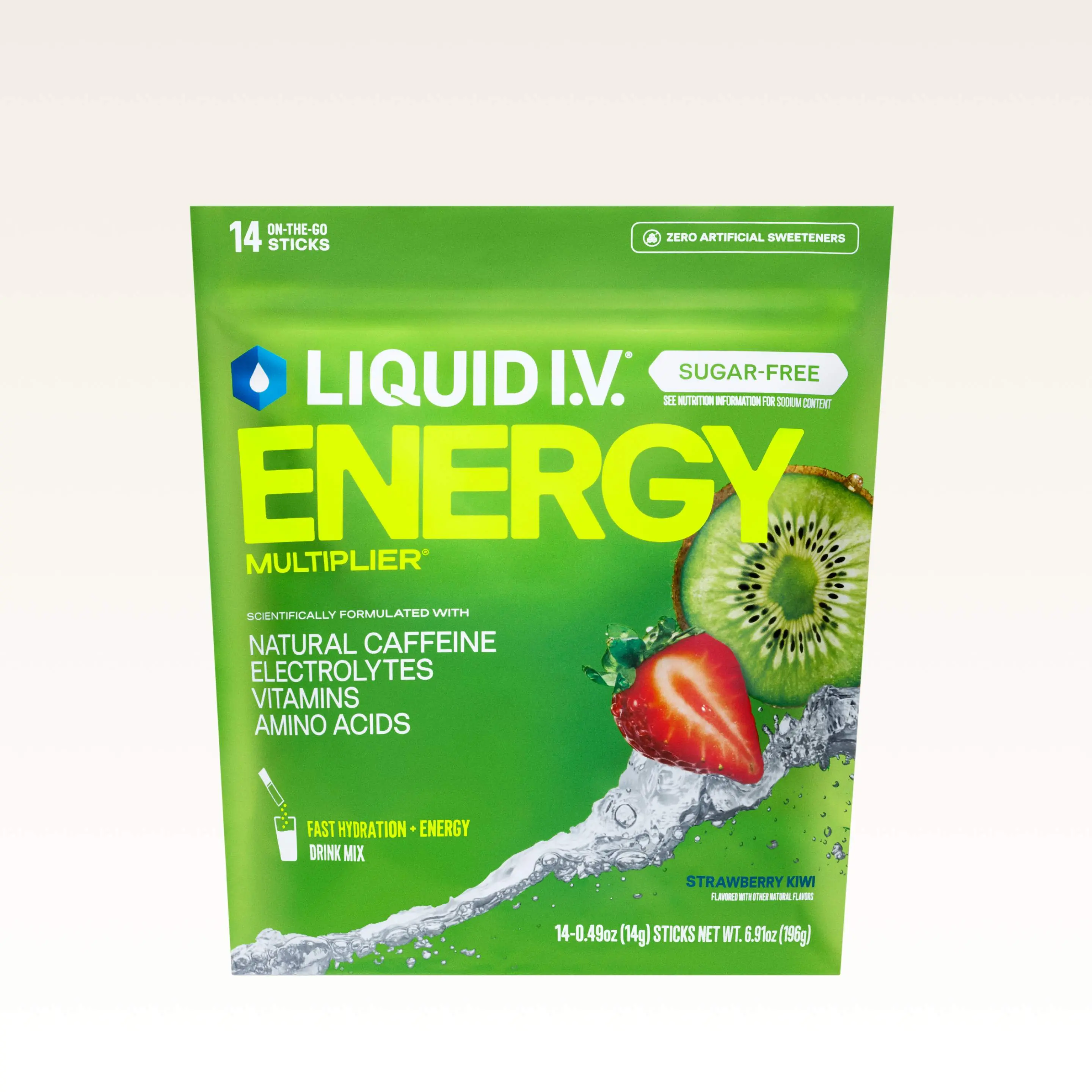 Liquid I.V. Sugar-Free Energy Multiplier - Strawberry Kiwi - Hydration Powder Packets | Electrolyte Powder Drink Mix | Convenient Single-Serving Sticks | Includes Natural Caffeine | 1 Pack (14 Servings)