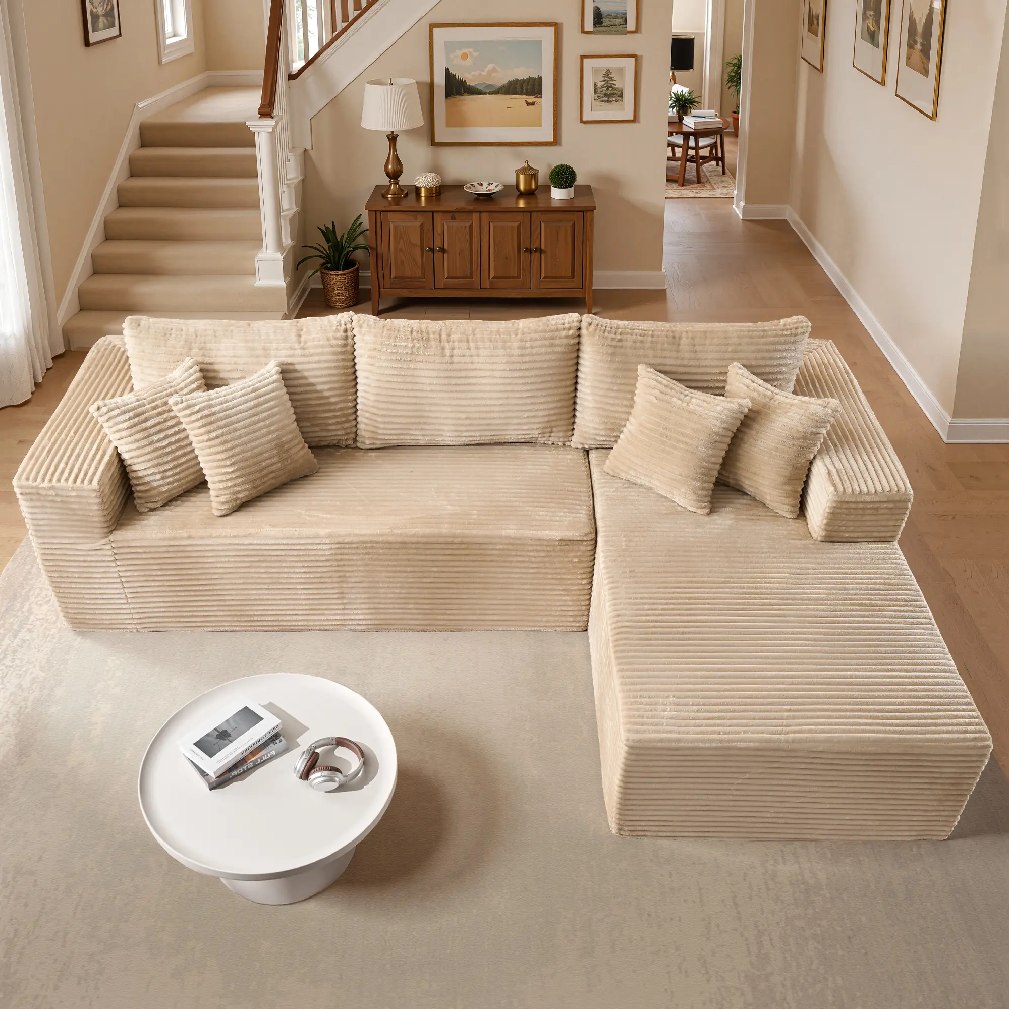 Without Ottoman Beige Right Chaise