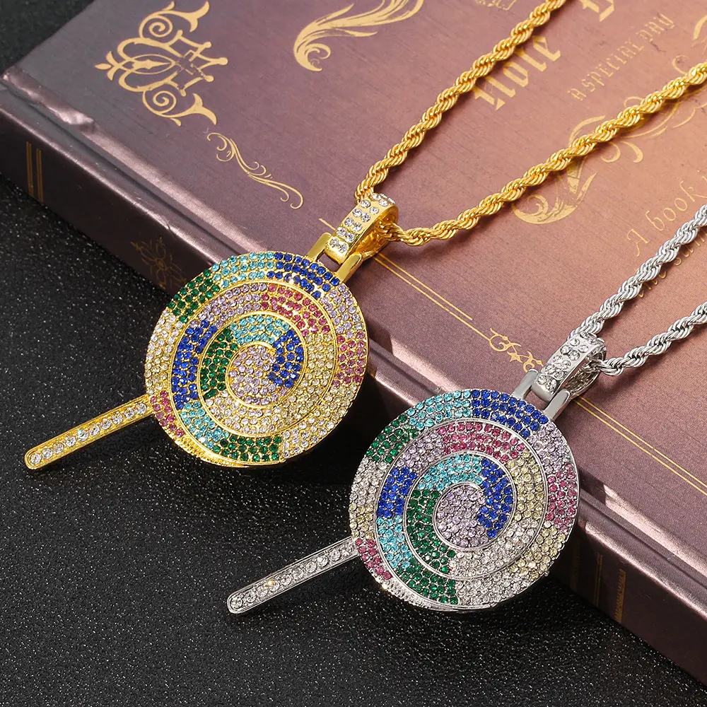 Hip-Hop Full Zircon Full Diamond Colorful Rainbow Lollipop Pendant Necklace