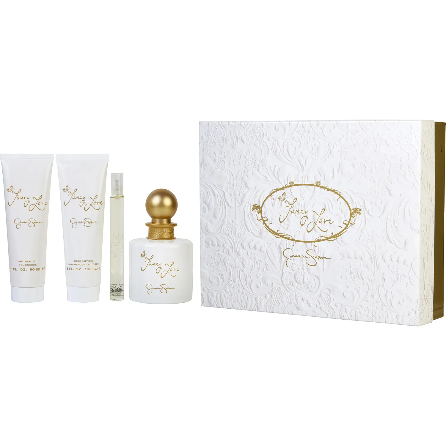 Fancy Love Set-Eau De Parfum Spray 3.4 Oz & Body Lotion 3 Oz & Shower Gel 3 Oz & Eau De Parfum Spray Mini 0.34 Oz For Women