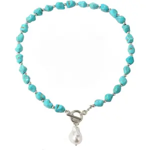 Turquoise necklace, boho long turquoise beaded necklace vintage ethnic Bohemian turquoise pendant necklace Western turquoise jewelry gifts for women